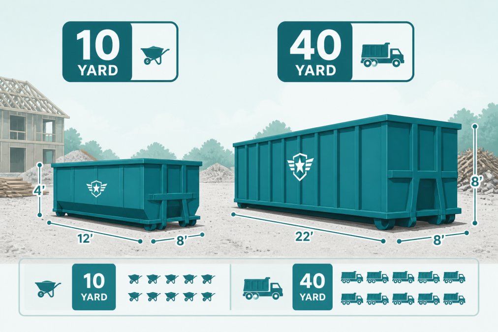 Two roll-off dumpsters of noticeably different sizes parked side by side on a gravel job site, showing the visual scale difference between a compact 10-yard and a large 40-yard container under clear daylight