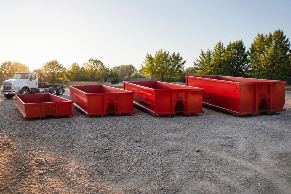 Four roll-off dumpster sizes in Austin lined up on a gravel lot at sunrise