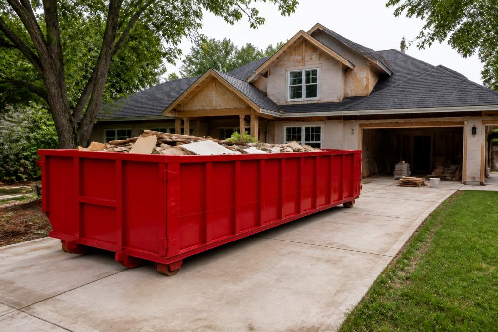 Roll-off dumpster container positioned on a residential driveway during an active home renovation project, showing the container's size relative to the property and surrounding landscaping
