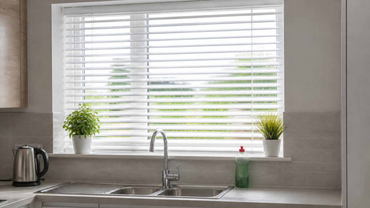 White Venetian blind fitted in a kitchen window above a sink with sunlight streaming through the open slats