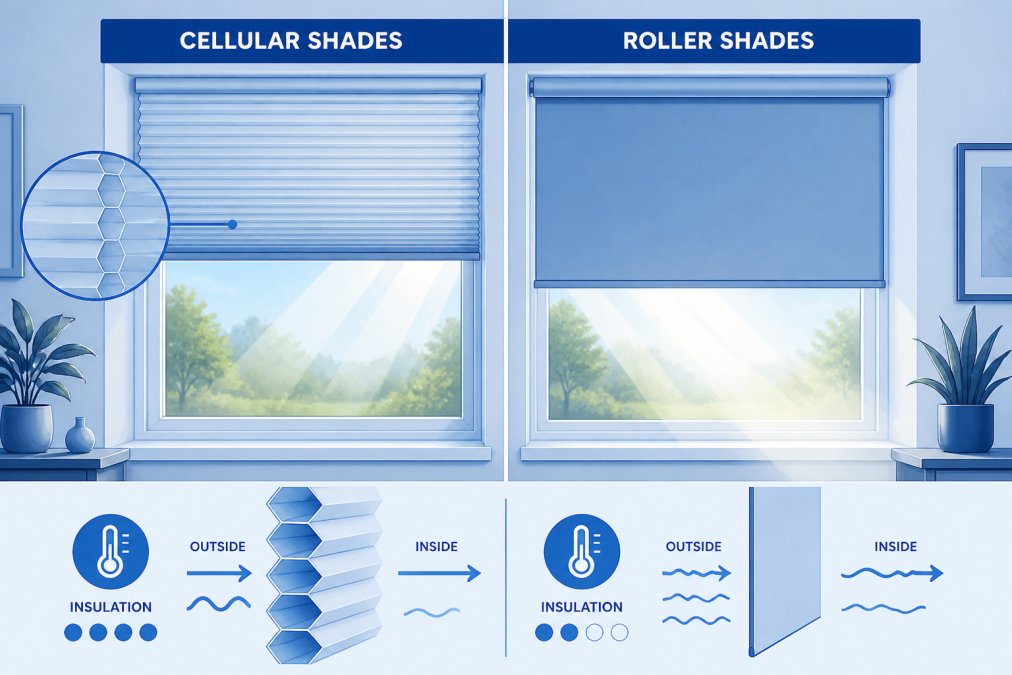 Comparison of cellular shades energy efficiency versus flat roller shades showing honeycomb structure versus thin fabric.
