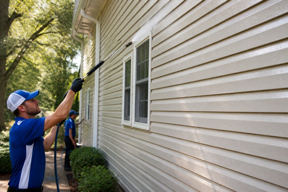 Professional cleaning crew in branded uniforms applying low-pressure soft-wash technique to residential home siding, demonstrating careful water spray control on delicate surfaces under afternoon sunlight