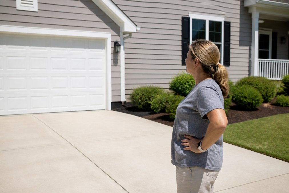 Homeowner inspecting their cleaned driveway and siding, examining red clay stain removal results with visible satisfaction, natural daylight showing spotless surfaces