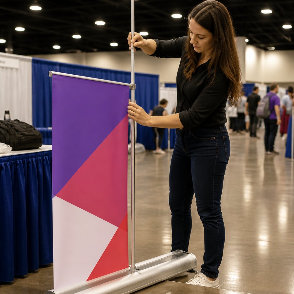 Step-by-step guide showing how to extend the telescopic pole of a rollup banner stand during assembly.