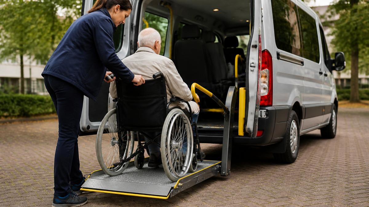 Medewerker van een zorginstelling die een cliënt in een rolstoel helpt bij het instappen in een gespecialiseerde rolstoeltaxi, met aandacht voor veiligheid en comfort
