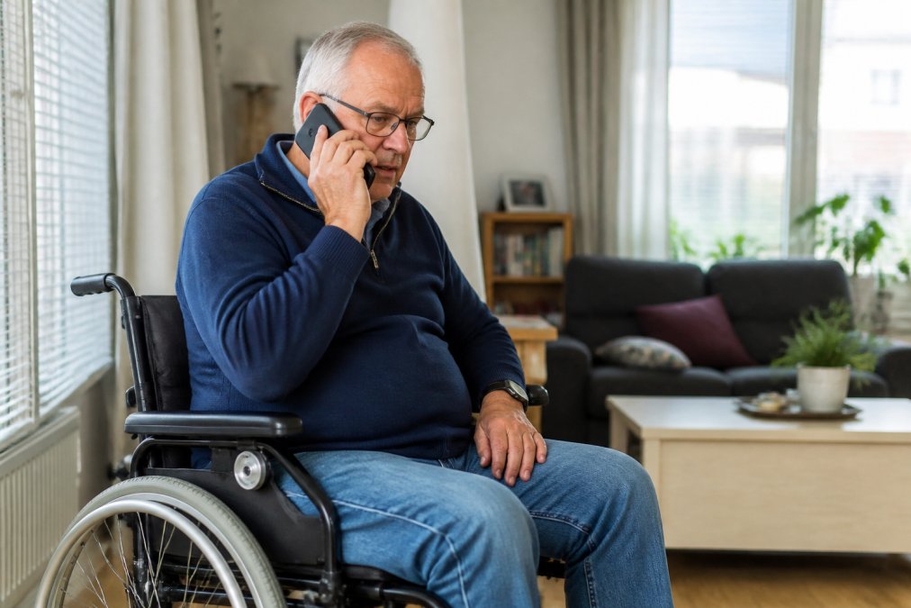 Persoon in rolstoel die via smartphone en telefoon contact opneemt met een taxidispatcher, met een kalme en gerichte uitdrukking in een huiskamer
