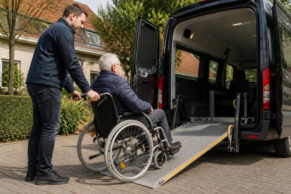 Professional chauffeur assisting elderly wheelchair user into adapted taxi van with hydraulic ramp, showing attentive care and proper safety positioning in bright daylight