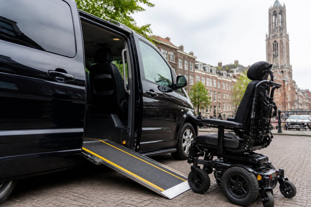 Een rolstoeltaxi in Utrecht met de schuifdeur open, waarbij een oprijplaat zichtbaar is uitgeschoven en een elektrische rolstoel klaarstaat om in te rijden