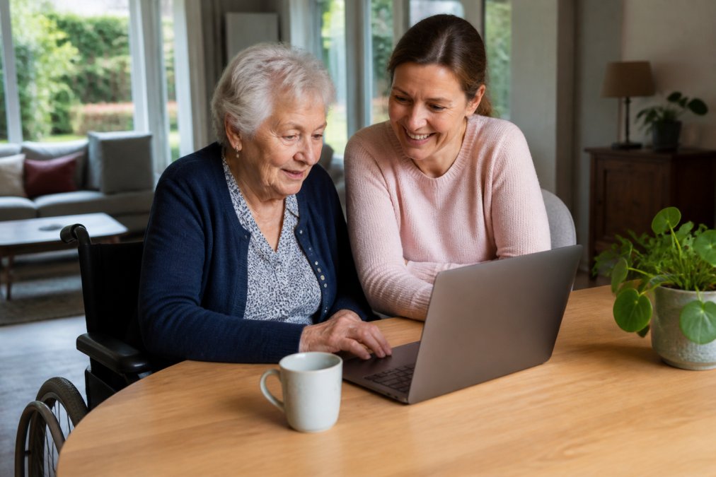 A caregiver and an older adult in a wheelchair looking together at a laptop screen in a bright Dutch living room, booking a ride online