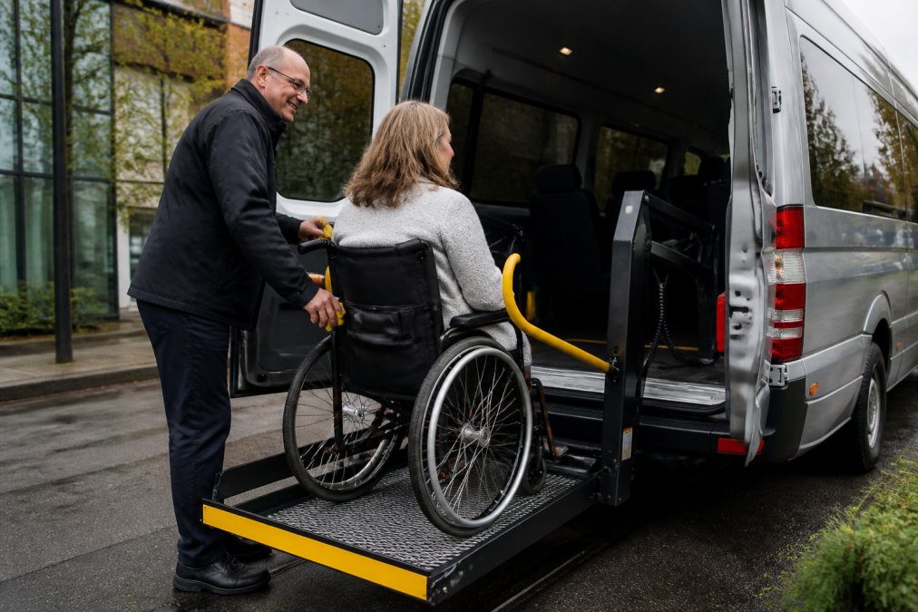 Een rolstoelgebruiker die voorzichtig wordt geholpen bij het instappen in een moderne, aangepaste taxibus met een vriendelijke chauffeur die assistentie verleent en een rolstoellift gebruikt
