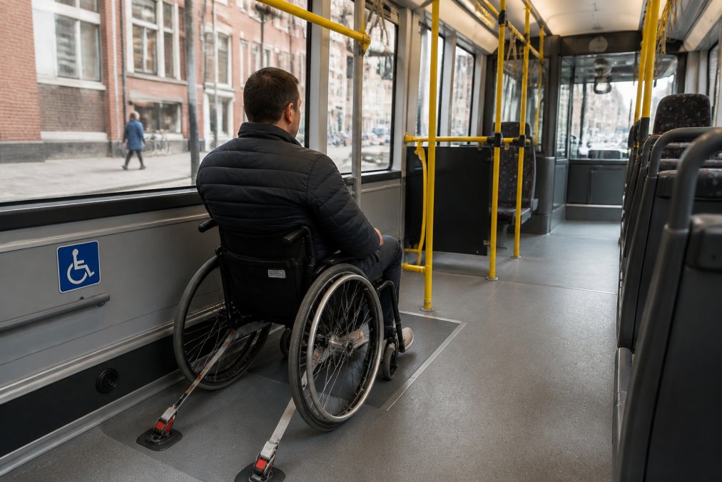 Een rolstoelgebruiker in een moderne, schone tram of bus met duidelijk zichtbare rolstoelplekken, veiligheidsgordels en blauwe bewegwijzering in een stedelijke omgeving
