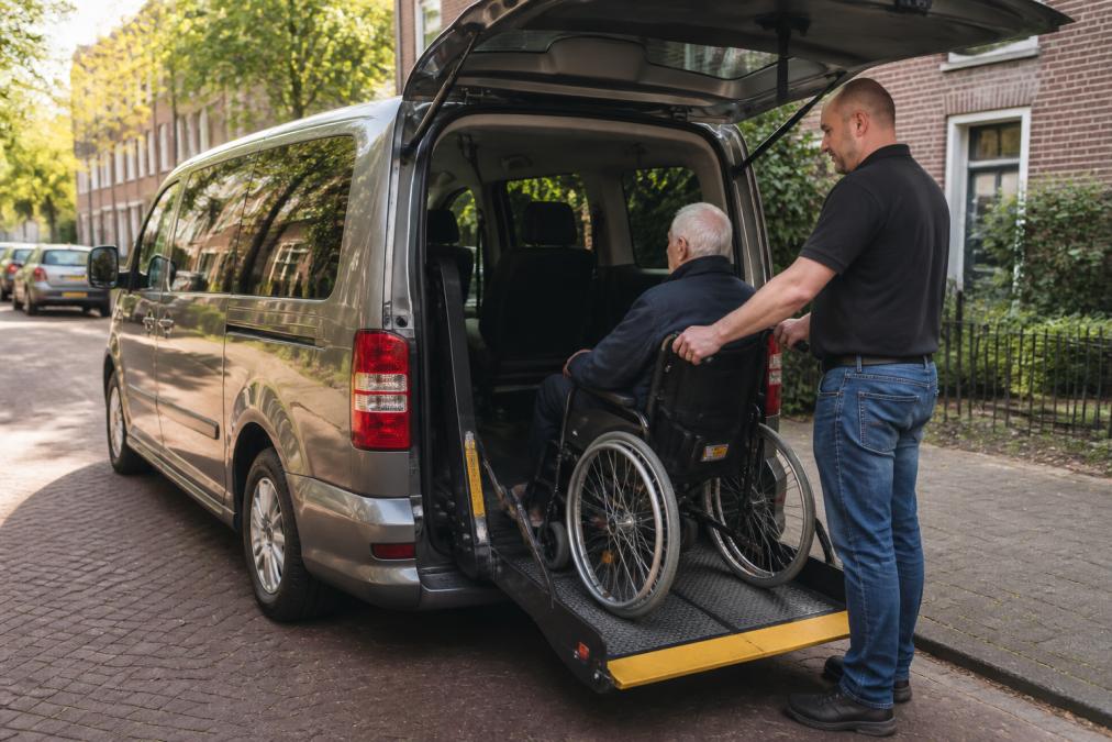 Een medewerker van een rolstoeltaxibedrijf helpt een oudere persoon in een rolstoel veilig de rolstoeltaxi in via een rolstoellift, bij een voertuig voor een woning in Utrecht, helder daglicht