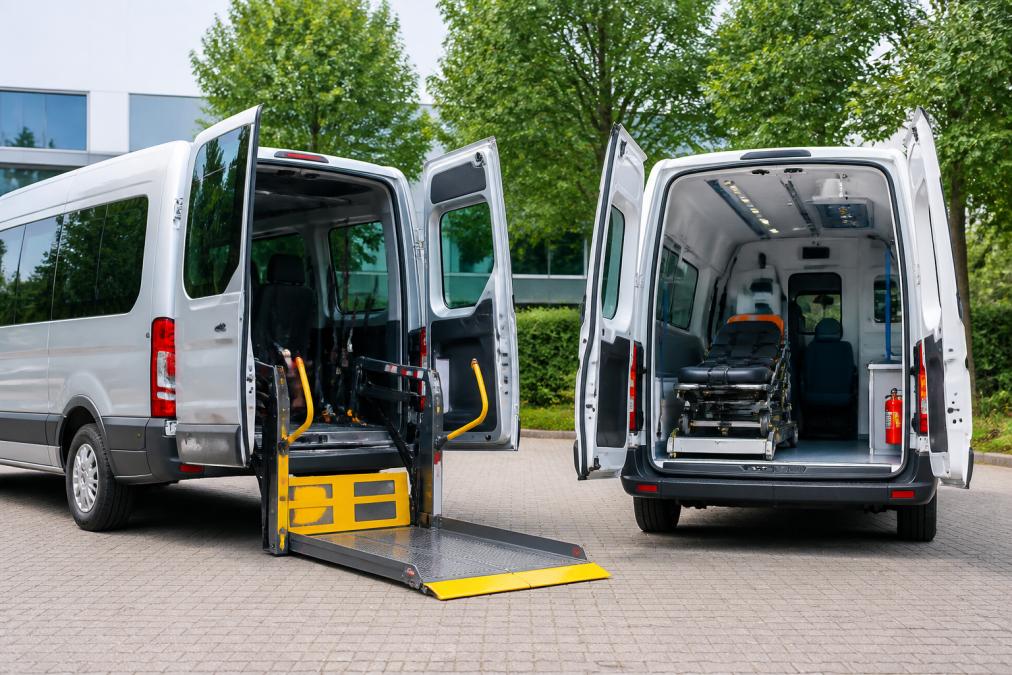 Zijaanzicht van een rolstoeltaxi met uitgeklapte hydraulische laadklep en zichtbare bevestigingspunten, naast een zorgtaxi met medische uitrusting zichtbaar in het interieur