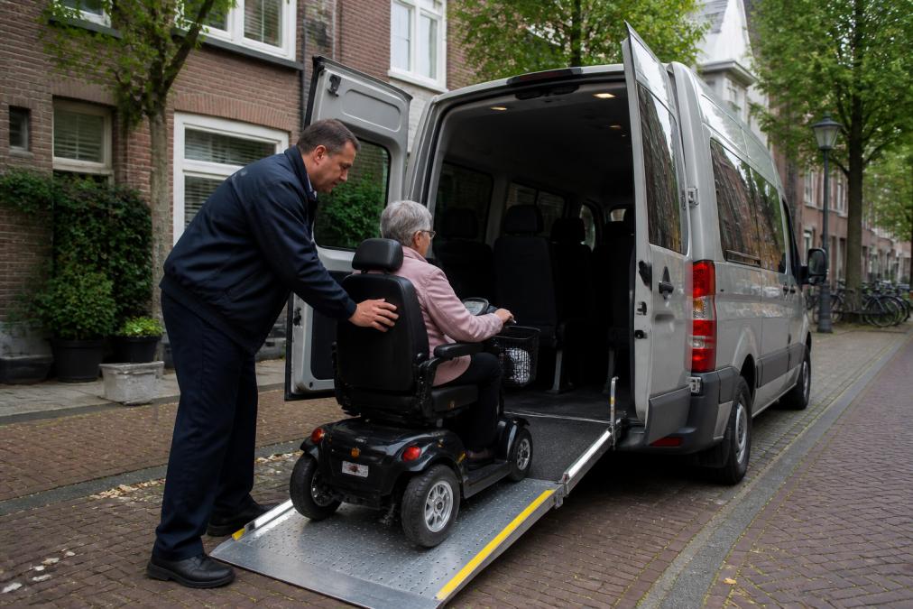 Een ervaren chauffeur in uniform helpt een oudere passagier op een elektrische scootmobiel bij het instappen in een rolstoelbus met oprijplaat, op een rustige straat in Utrecht