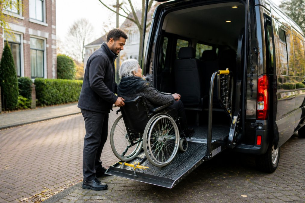 A person in a wheelchair being safely assisted by a trained driver into a certified wheelchair-accessible van on a residential street in Utrecht, with the driver smiling and offering a helping hand