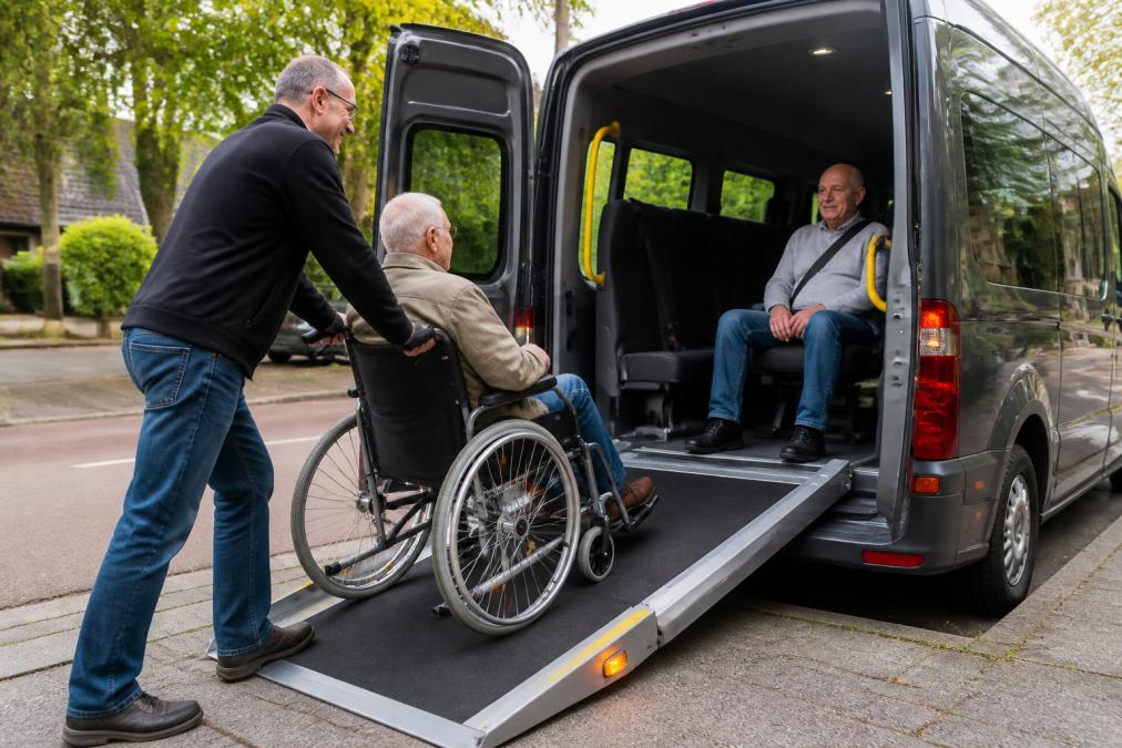 Een vriendelijke chauffeur helpt een oudere rolstoelgebruiker veilig de rolstoelbus in Utrecht in te rijden via een oprijplaat, terwijl een andere passagier op de bank zit met veiligheidsgordel om