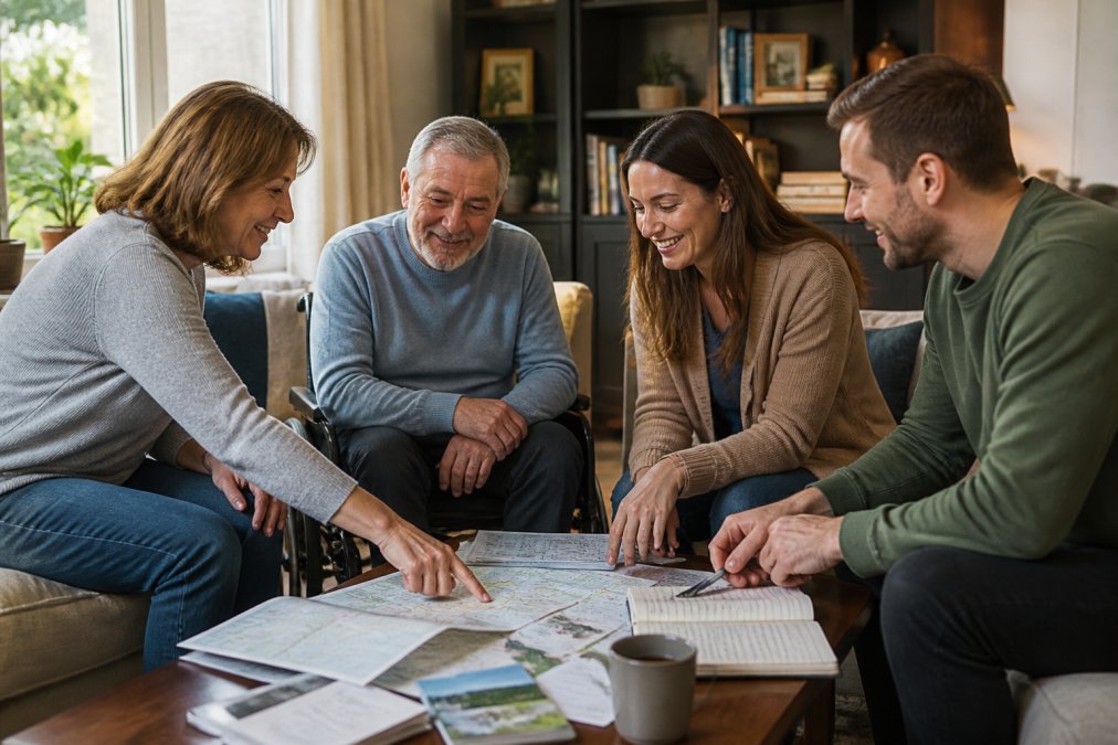 Familie bespreekt plannen voor een rolstoelvervoer dagje uit met kaarten en notities aan de gezellige tafel.