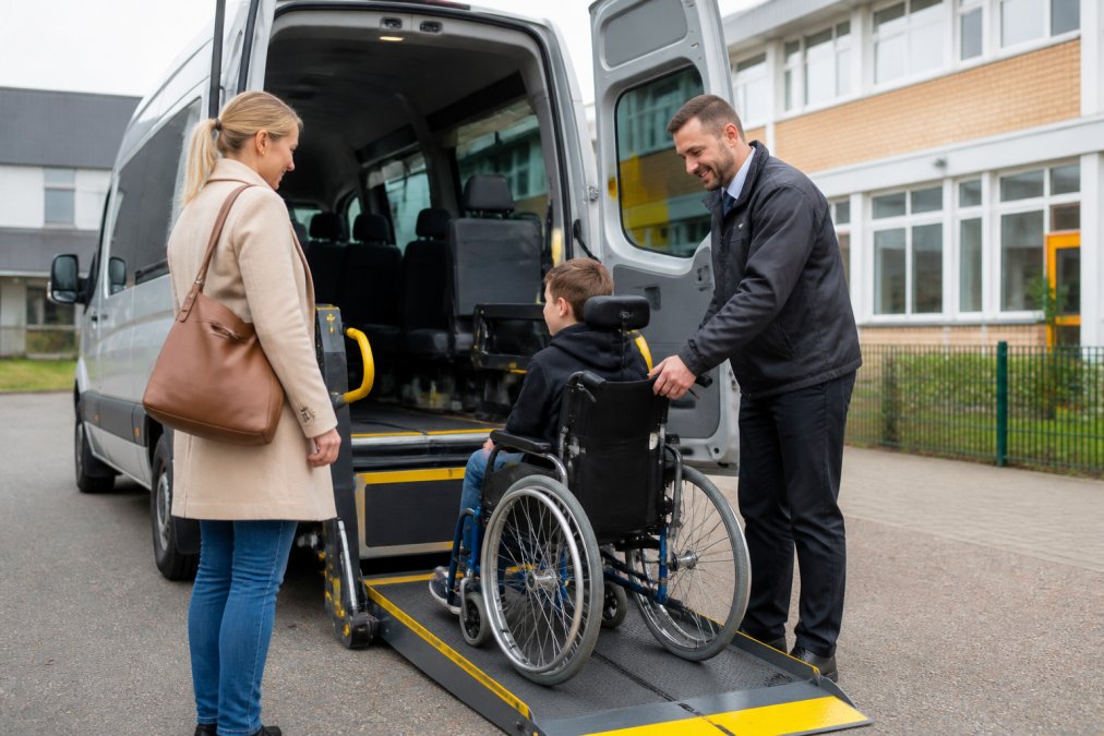 Een ouder en een kind in een rolstoel bij een taxibusje met een geopende rolstoellift, terwijl een chauffeur in uniform vriendelijk helpt met instappen. Op de achtergrond een schoolgebouw in Utrecht.