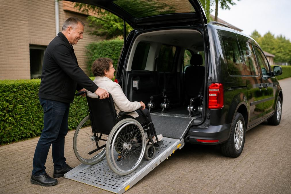 Professionele chauffeur helpt een rolstoelgebruiker vriendelijk in een aangepaste taxi met moderne oprijplaat, beide zien er ontspannen uit in helder daglicht