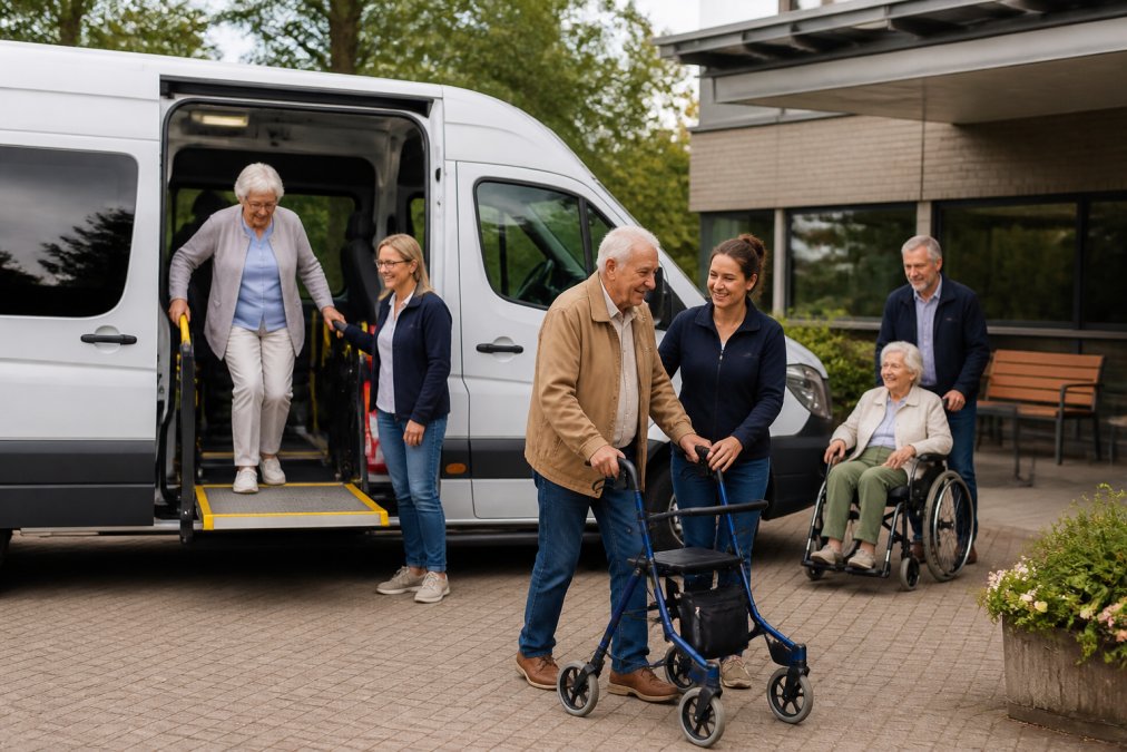 Groep senioren en rolstoelgebruikers stapt vriendelijk uit een moderne rolstoelbus bij een dagbestedingscentrum, begeleiders ondersteunen hen