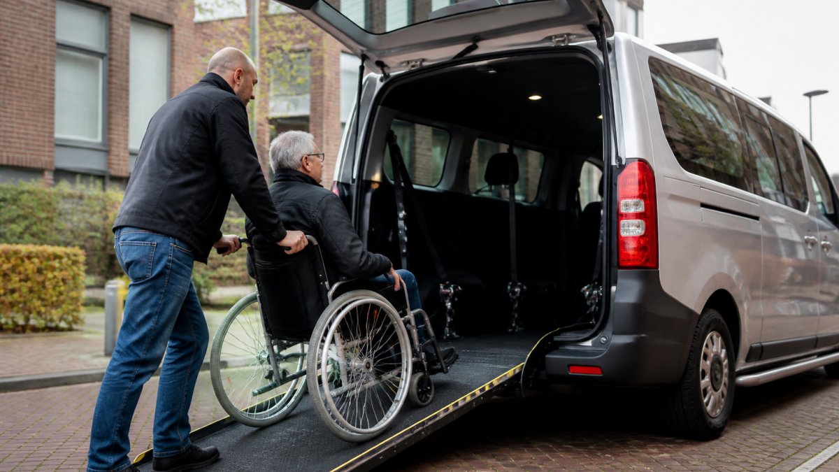 Ervaren chauffeur helpt passagier bij rolstoelvervoer Utrecht in een aangepast voertuig met laadklep.