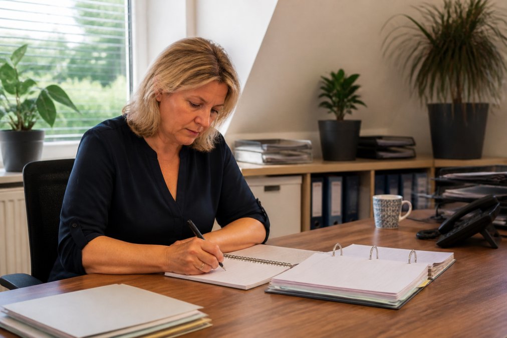 Zorgmanager aan bureau in rustig kantoor, laptop open met boekingssysteem, fysieke notities en planning op bureau, telefoon binnen bereik, natuurlijk daglicht door raam, professionele werkomgeving