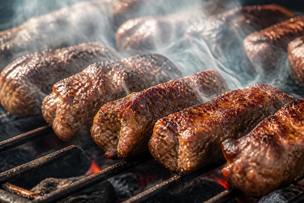 Close-up of sizzling mici on a hot charcoal grill with visible charred edges, smoke rising, and the juicy meat interior showing through the caramelized exterior