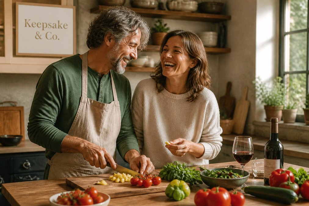 A married couple in their 40s laughing while cooking a meal together in a warm and softly lit kitchen.