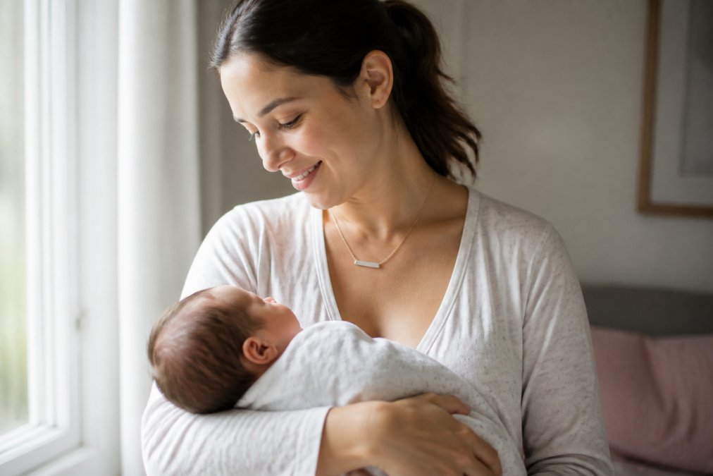 Woman wearing a delicate personalized necklace with her newborn's name, smiling softly while cradling her baby in natural morning light near a window