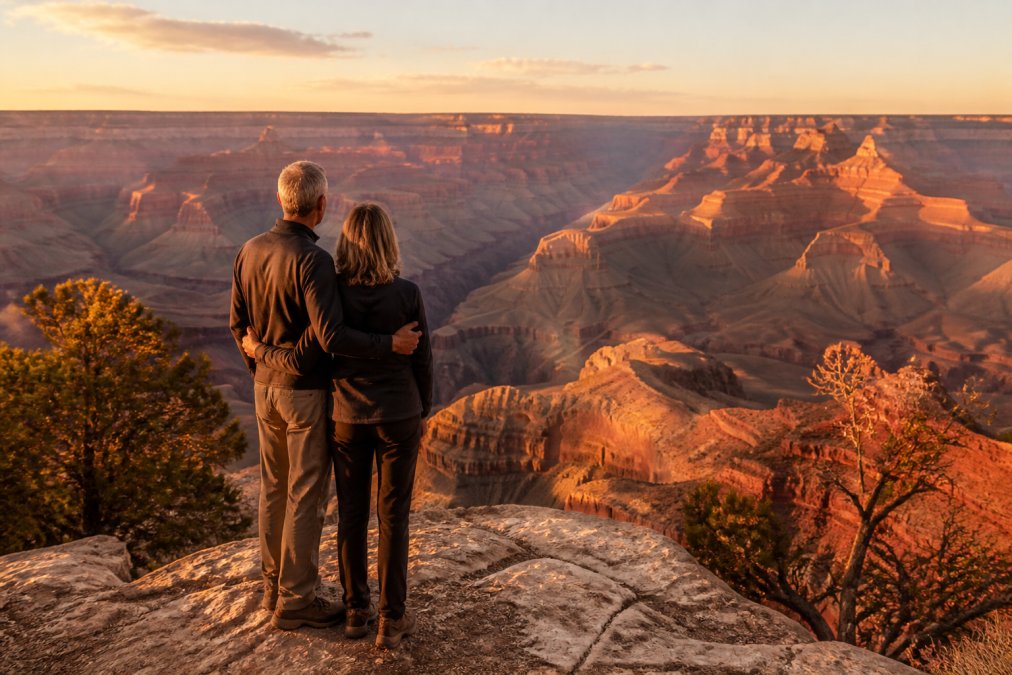 A couple standing at a Grand Canyon South Rim overlook at golden hour, arms around each other, gazing out over the vast layered canyon walls bathed in warm orange and amber light