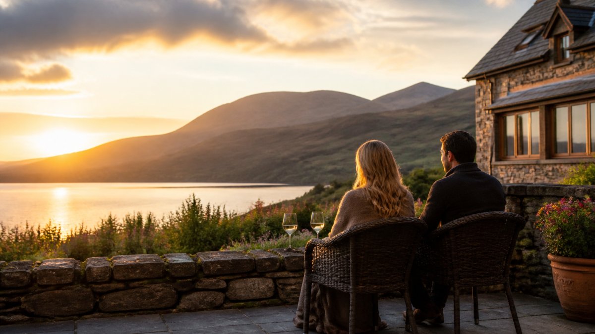 A couple relaxing on a stone terrace overlooking a calm loch at golden hour, with a cosy stone lodge and heather-covered hills in the background