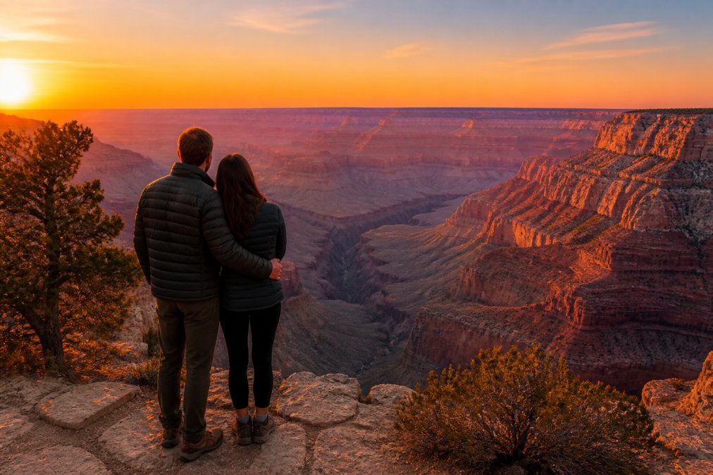 A couple enjoys romantic hiking at a South Rim overlook during a glowing golden hour sunset.