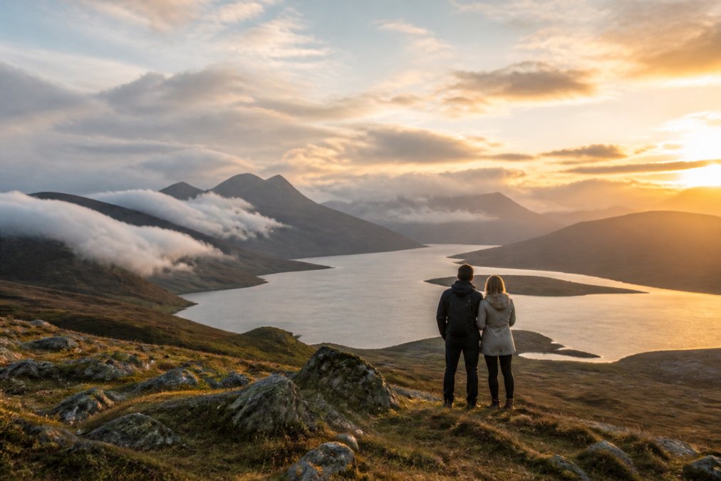 A couple standing on a misty Highland hillside overlooking a loch at sunrise, mountains in the distance, golden light breaking through clouds