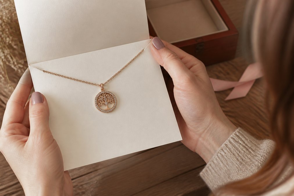 Close-up of a woman's hands holding an open custom message card next to a personalized necklace with an engraved pendant, soft natural lighting illuminating the delicate text