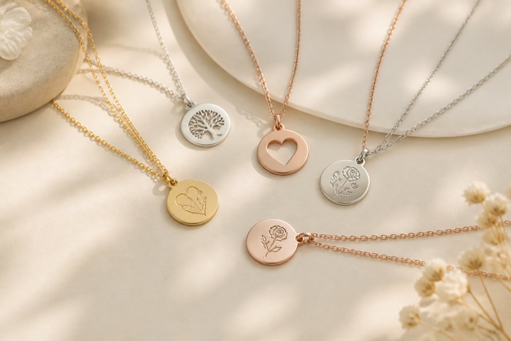 Flat lay arrangement of personalized necklaces displayed in different metals, gleaming gold, bright silver, and warm rose gold, arranged on a neutral cream surface with soft natural shadows highlighting each pendant's engraved details