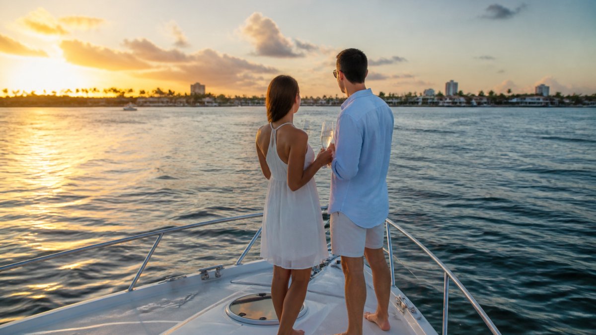 A couple standing at the bow of a private yacht at golden hour, holding champagne glasses, with calm coastal water and a pastel sky behind them