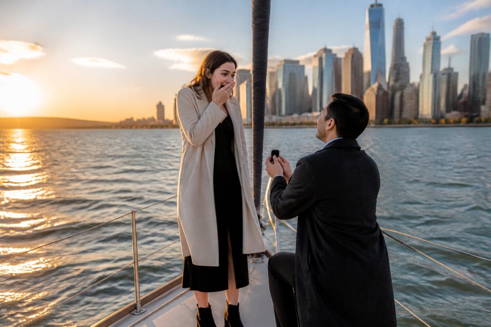 A couple shares a surprise moment on a sailboat at golden hour for romantic proposal ideas NYC harbor.