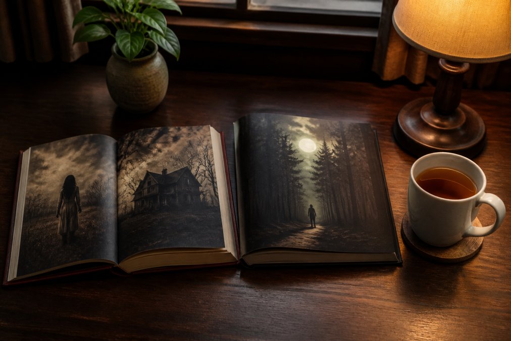 A moody reading nook with two open horror novels side by side on a dark wood table, a warm lamp casting shadows, and a steaming mug of tea nearby