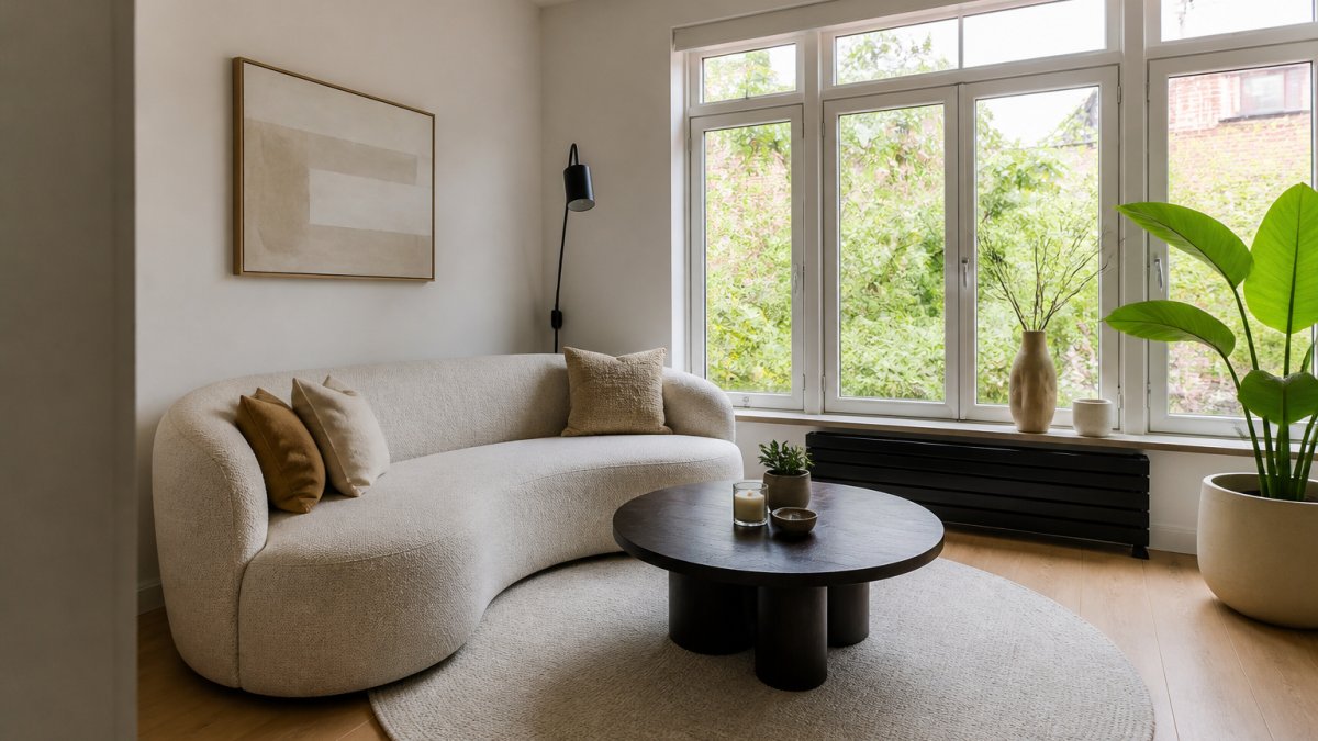 Lichte woonkamer met een halfronde stoffen bank tegen een hoek, zichtbare loopruimte, salontafel in het midden en daglicht dat via grote ramen binnenvalt
