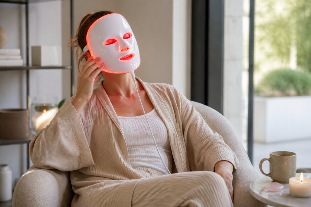 Vrouw die thuis een rood licht LED-masker gebruikt, ontspannen zittend met een glimlach, natuurlijk daglicht op achtergrond