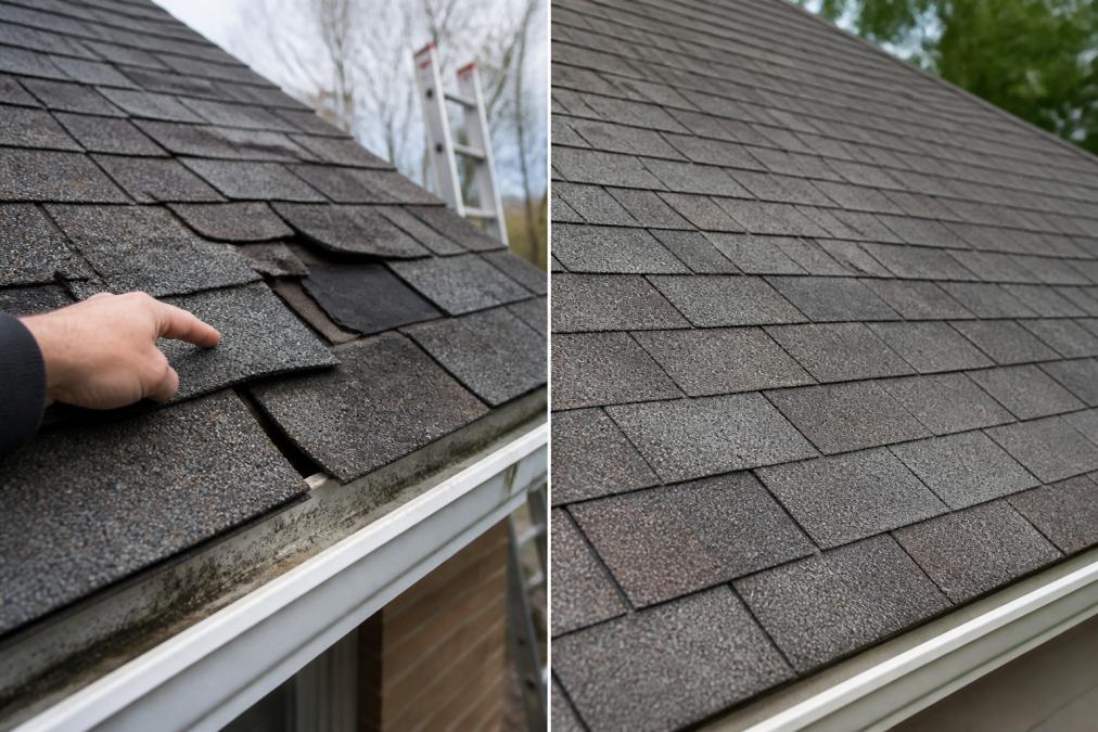 Homeowner pointing at curled and missing shingles to compare roof age vs storm damage after a wind event.