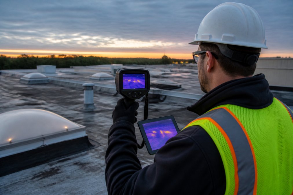 Technician using a thermal camera for roof analysis to detect moisture on a flat commercial roof surface