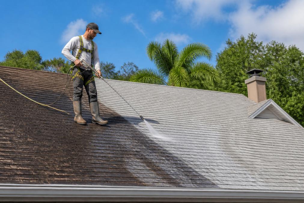 Infographic showing soft wash roof cleaning cost benefits through a technician cleaning shingles