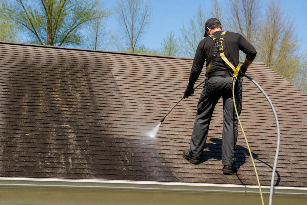 A technician in safety gear using a low-pressure soft wash system on an asphalt shingle roof, with visible black algae streaks on one side and clean shingles on the other