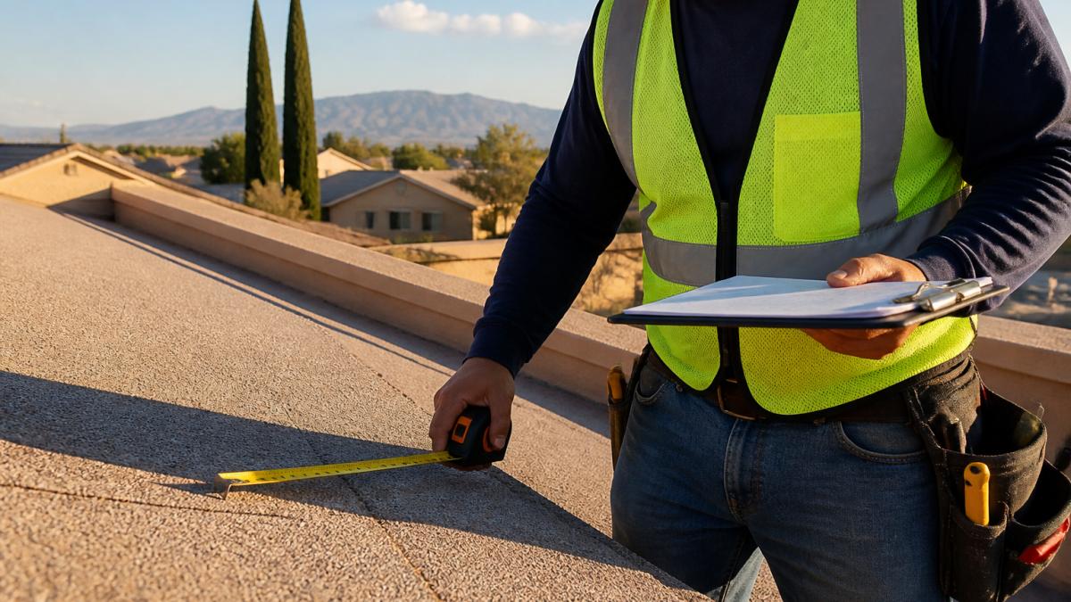 Professional contractor in safety gear and hard hat standing on residential roof, inspecting the surface with clipboard and taking measurements in bright El Paso sunlight