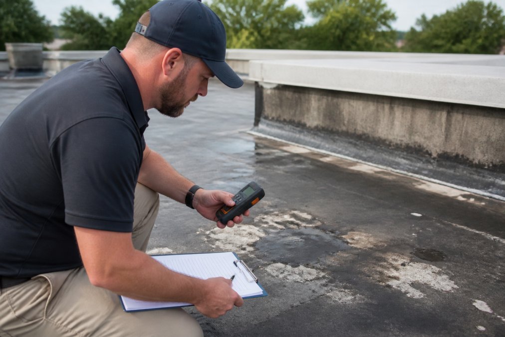 Roofing inspector checks damaged substrate moisture to decide between roof coating vs full replacement