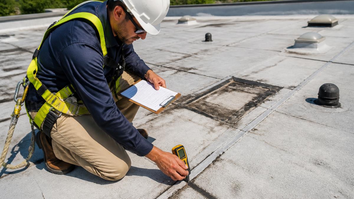 Commercial roofer inspecting a flat roof to evaluate roof coating vs replacement cost requirements.