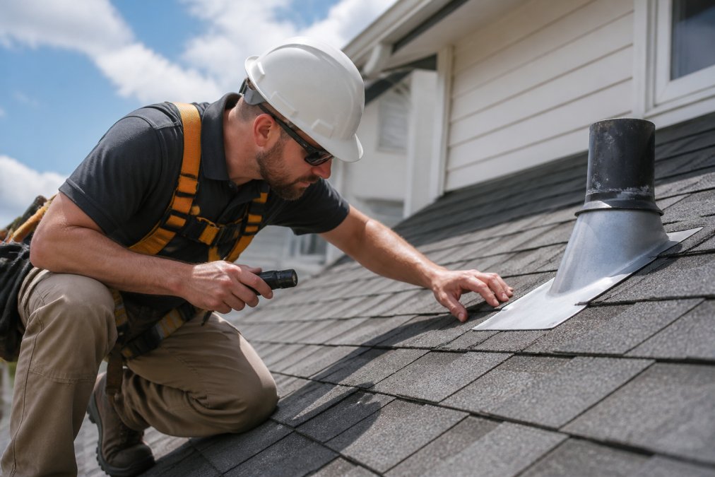 Professional roofing inspector in safety harness and hard hat examining roof shingles and flashing up close on residential home, using handheld inspection tools in bright daylight