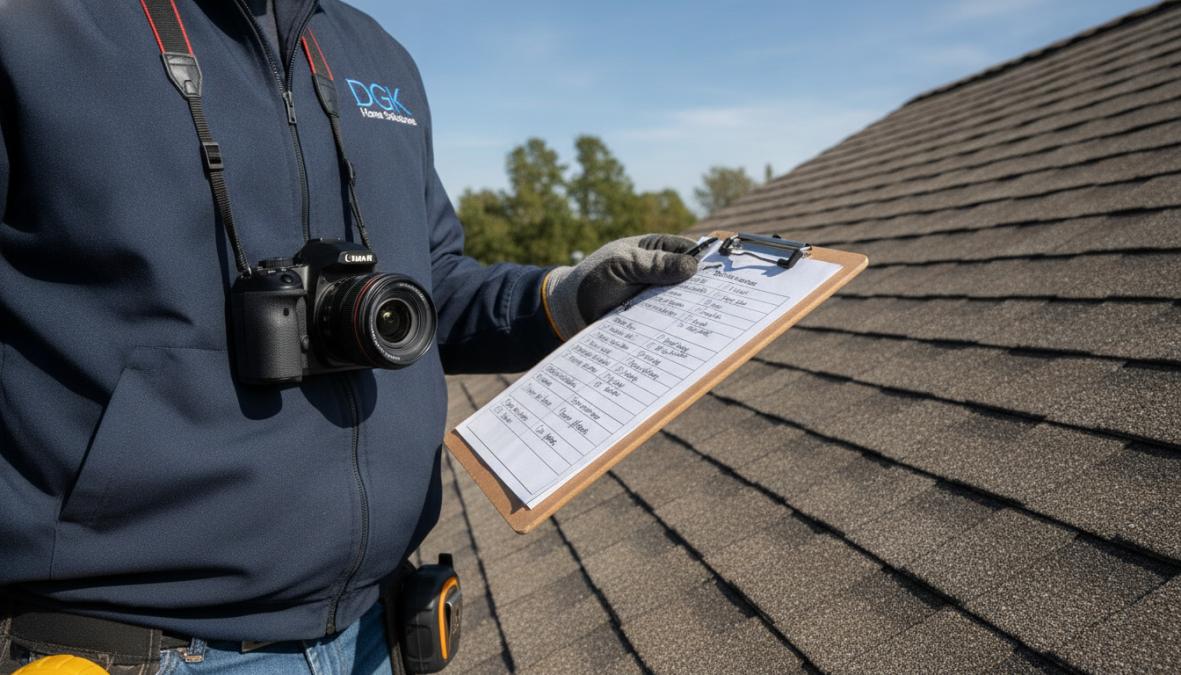 Certified inspector examining asphalt shingles and flashing on a residential roof with clipboard in hand, using specialized tools
