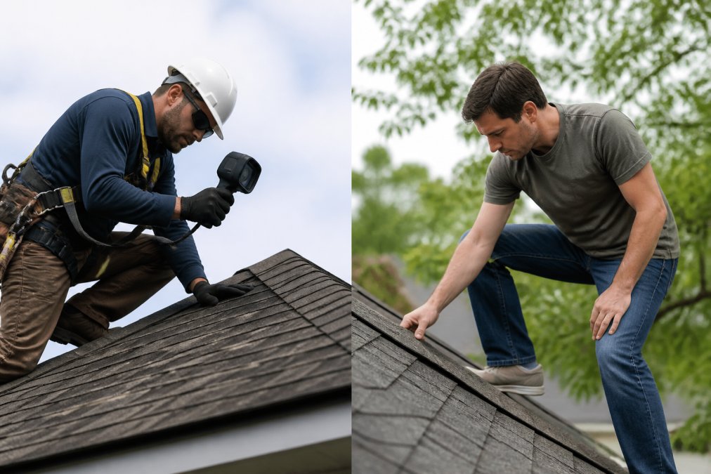 Licensed contractor in safety gear and harness performing professional roof inspection, examining shingles closely with thermal imaging equipment in hand, bright overcast daylight